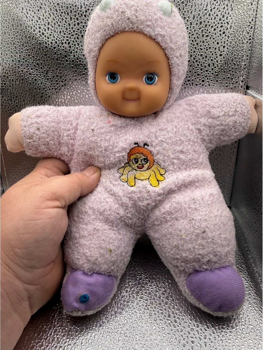 Vintage Baby Doll in Fuzzy Purple Outfit with Bee Embroidery